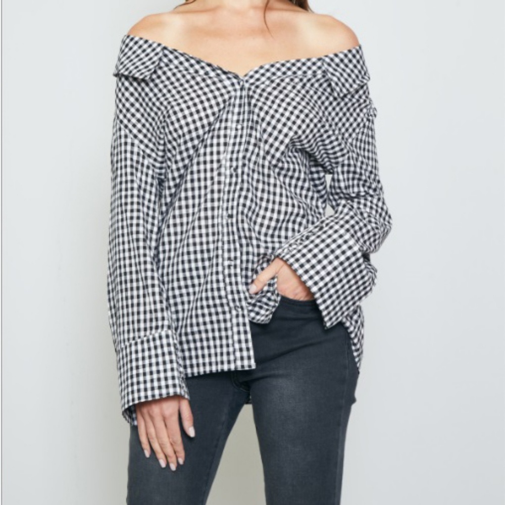 Off The Shoulder Gingham  Women's Button Down Long Sleeve Top - Picture 5 of 8